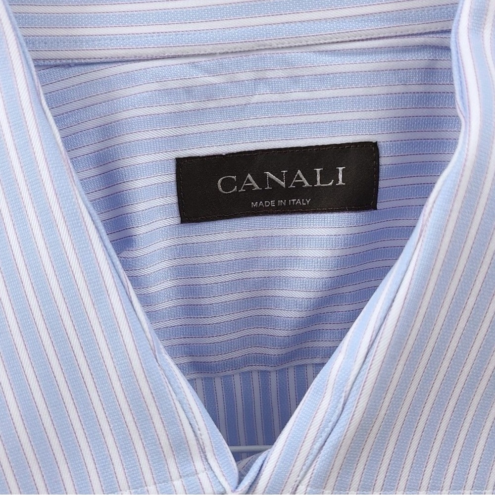 Canali Light Blue, White and Purple Striped Dress Shirt 👔